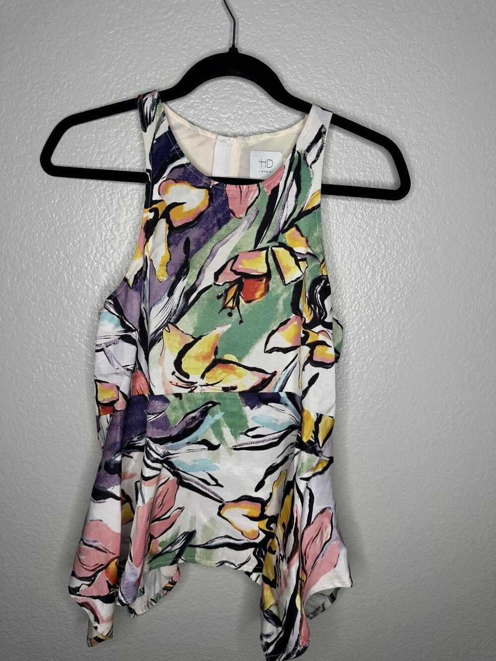 HD in Paris Shirt Womens 4 Multicolor Floral Peplum Sleeveless Exposed Zipper